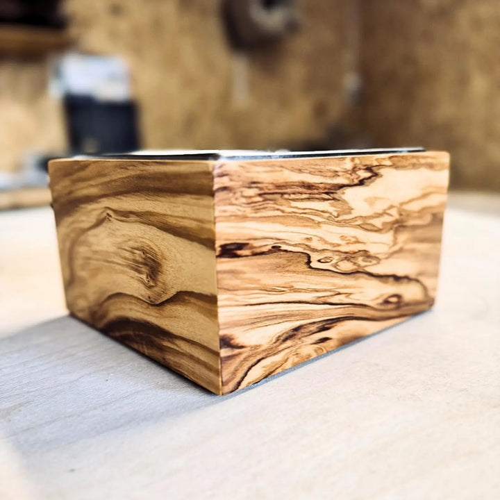 Knock Box - stainless steel and olivewood/walnut