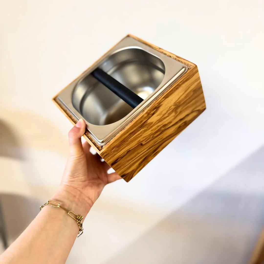 Knock Box - stainless steel and olivewood/walnut