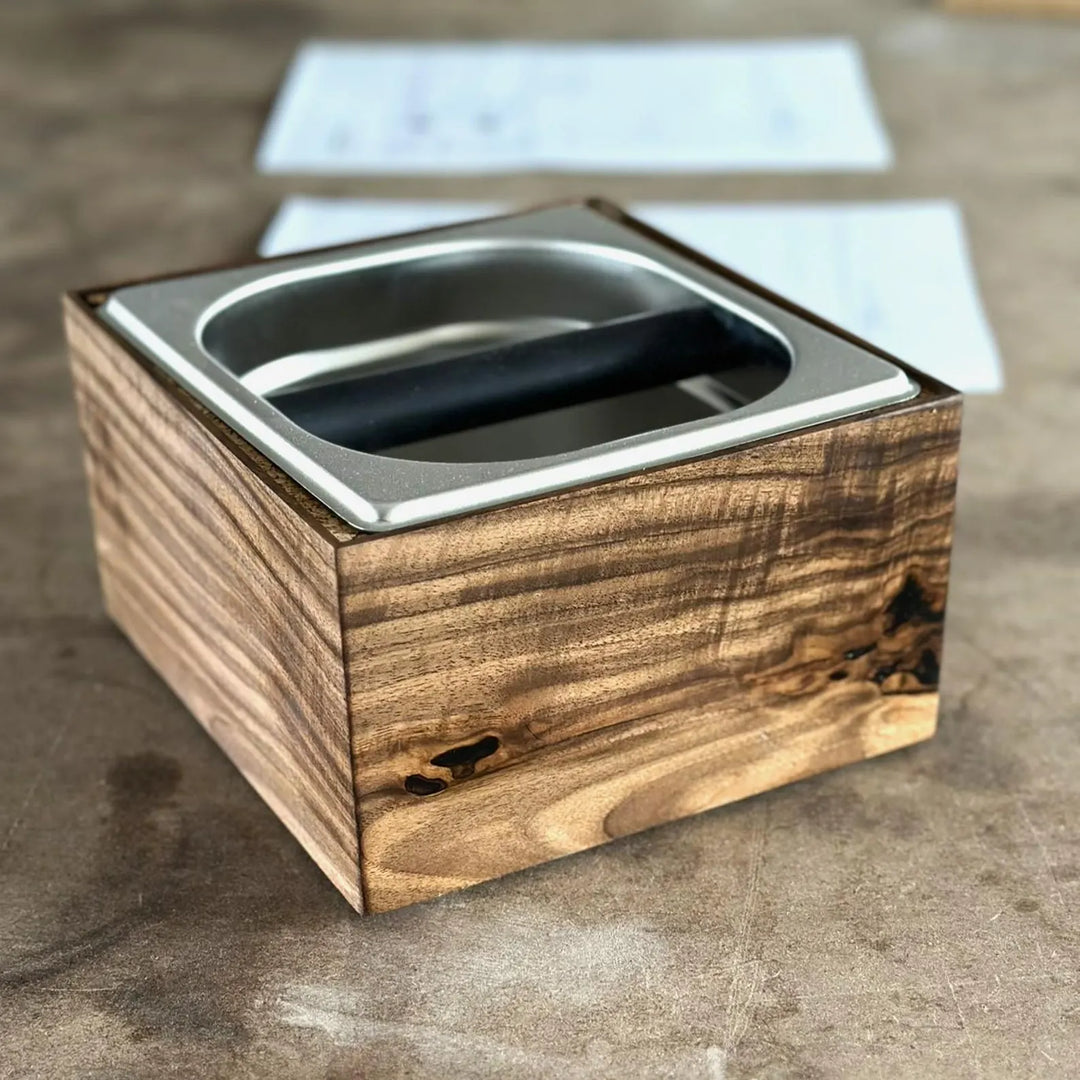 Knock Box - stainless steel and olivewood/walnut